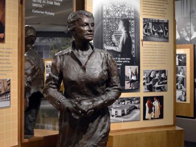 Sisters of Mercy foundress Catherine McAuley is present in a statue, in her voice throughout the exhibit, and in the story of the school’s leadership and service.