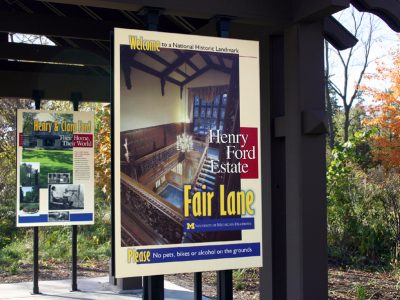An interpretive pavilion welcomes visitors to Henry Ford Estate – Fair Lane in Dearborn, Michigan.